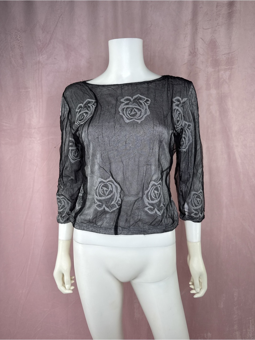 Y2K 90s Hanky Panky Black Floral Mesh Stretch Top Size Medium